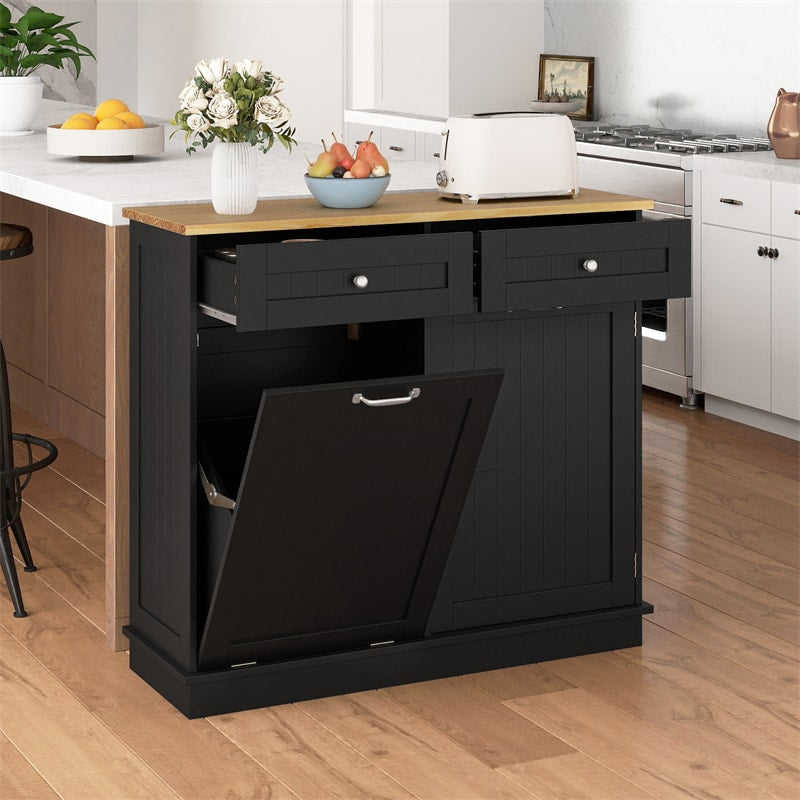 Kitchen Tilt Out Trash Cabinet, Buffet Sideboard w/ Trash Can Holder, 2 Drawers, Rubberwood Countertop & Adj. Shelves, Pet Proof Laundry Hamper