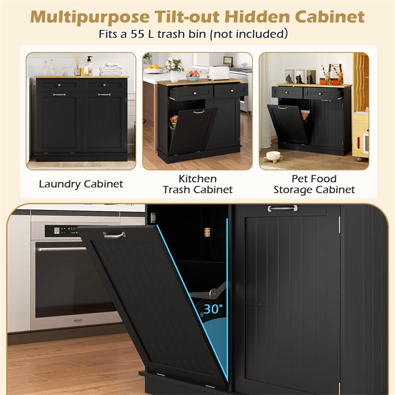 Kitchen Tilt Out Trash Cabinet, Buffet Sideboard w/ Trash Can Holder, 2 Drawers, Rubberwood Countertop & Adj. Shelves, Pet Proof Laundry Hamper