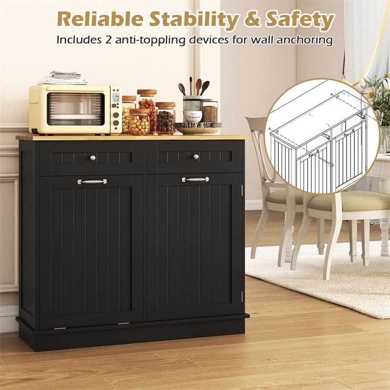 Kitchen Tilt Out Trash Cabinet, Buffet Sideboard w/ Trash Can Holder, 2 Drawers, Rubberwood Countertop & Adj. Shelves, Pet Proof Laundry Hamper