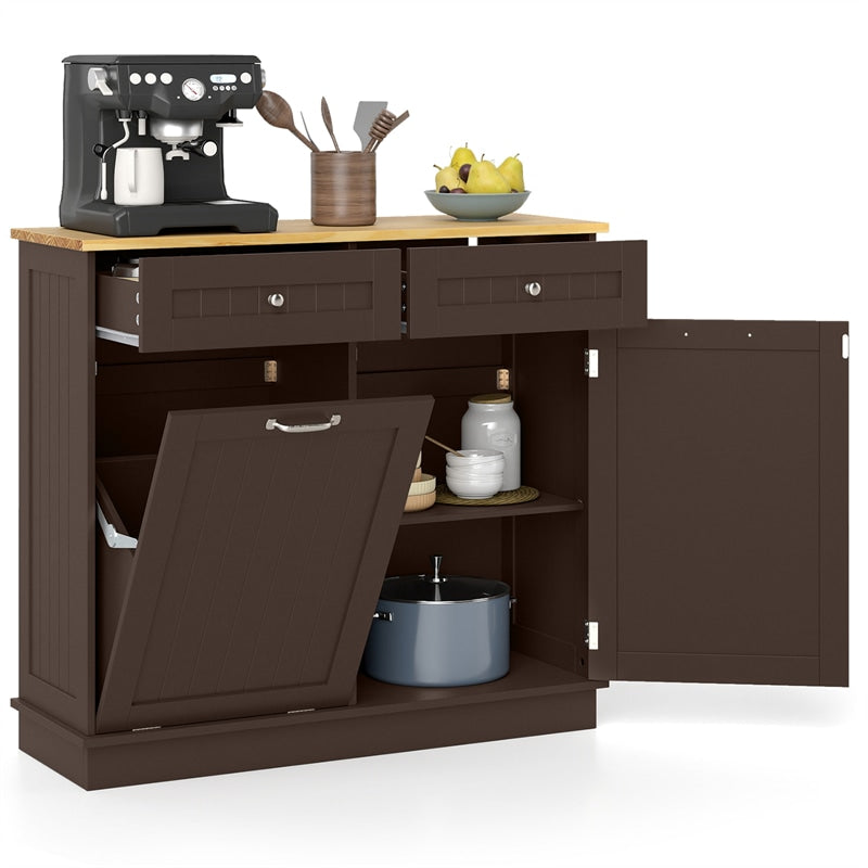 Kitchen Tilt Out Trash Cabinet, Buffet Sideboard w/ Trash Can Holder, 2 Drawers, Rubberwood Countertop & Adj. Shelves, Pet Proof Laundry Hamper