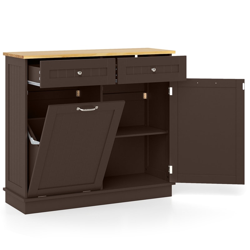 Kitchen Tilt Out Trash Cabinet, Buffet Sideboard w/ Trash Can Holder, 2 Drawers, Rubberwood Countertop & Adj. Shelves, Pet Proof Laundry Hamper