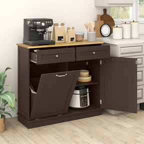 Kitchen Tilt Out Trash Cabinet, Buffet Sideboard w/ Trash Can Holder, 2 Drawers, Rubberwood Countertop & Adj. Shelves, Pet Proof Laundry Hamper
