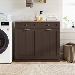 Kitchen Tilt Out Trash Cabinet, Buffet Sideboard w/ Trash Can Holder, 2 Drawers, Rubberwood Countertop & Adj. Shelves, Pet Proof Laundry Hamper