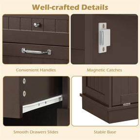 Kitchen Tilt Out Trash Cabinet, Buffet Sideboard w/ Trash Can Holder, 2 Drawers, Rubberwood Countertop & Adj. Shelves, Pet Proof Laundry Hamper