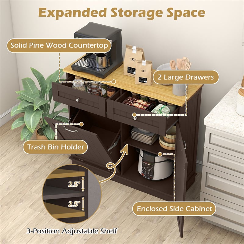 Kitchen Tilt Out Trash Cabinet, Buffet Sideboard w/ Trash Can Holder, 2 Drawers, Rubberwood Countertop & Adj. Shelves, Pet Proof Laundry Hamper