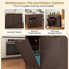 Kitchen Tilt Out Trash Cabinet, Buffet Sideboard w/ Trash Can Holder, 2 Drawers, Rubberwood Countertop & Adj. Shelves, Pet Proof Laundry Hamper