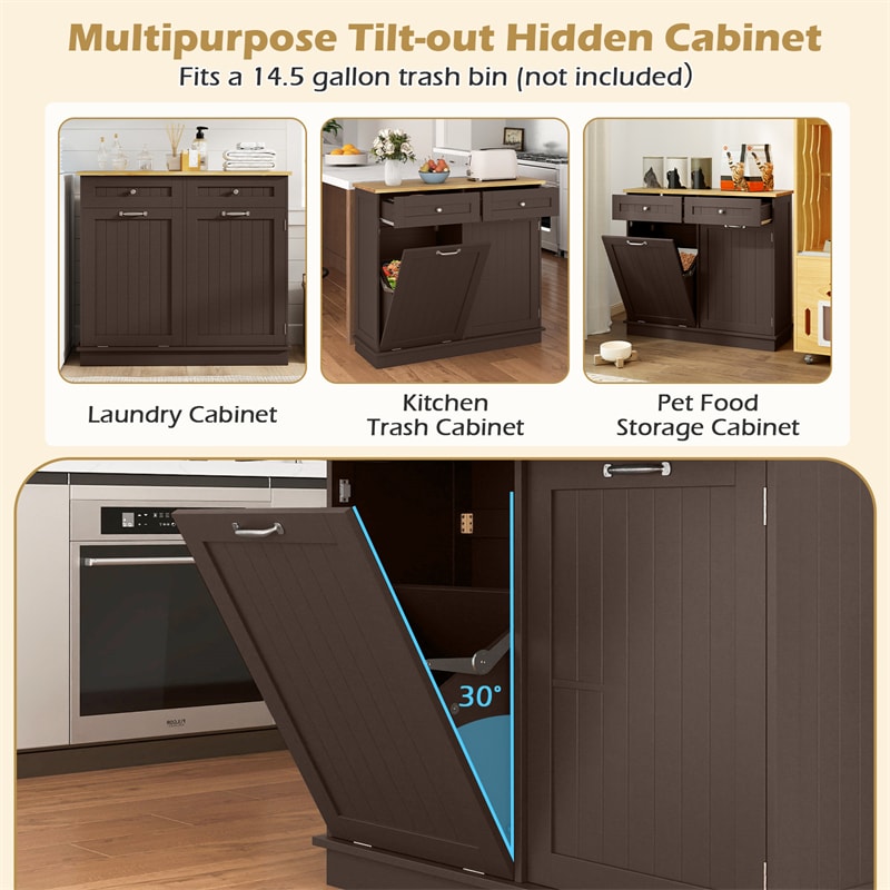 Kitchen Tilt Out Trash Cabinet, Buffet Sideboard w/ Trash Can Holder, 2 Drawers, Rubberwood Countertop & Adj. Shelves, Pet Proof Laundry Hamper