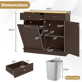 Kitchen Tilt Out Trash Cabinet, Buffet Sideboard w/ Trash Can Holder, 2 Drawers, Rubberwood Countertop & Adj. Shelves, Pet Proof Laundry Hamper