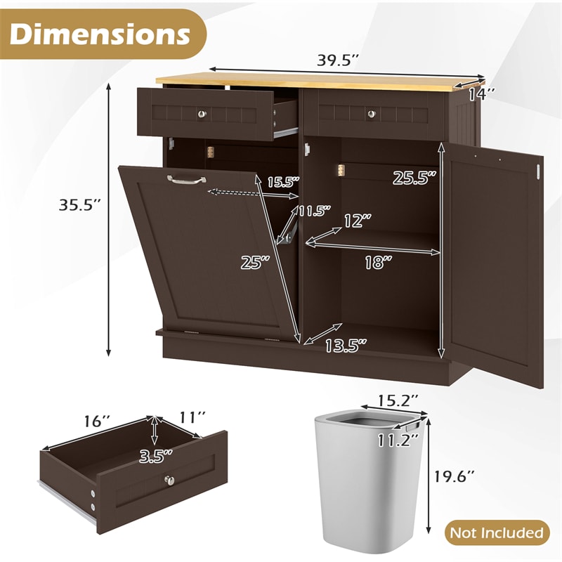 Kitchen Tilt Out Trash Cabinet, Buffet Sideboard w/ Trash Can Holder, 2 Drawers, Rubberwood Countertop & Adj. Shelves, Pet Proof Laundry Hamper