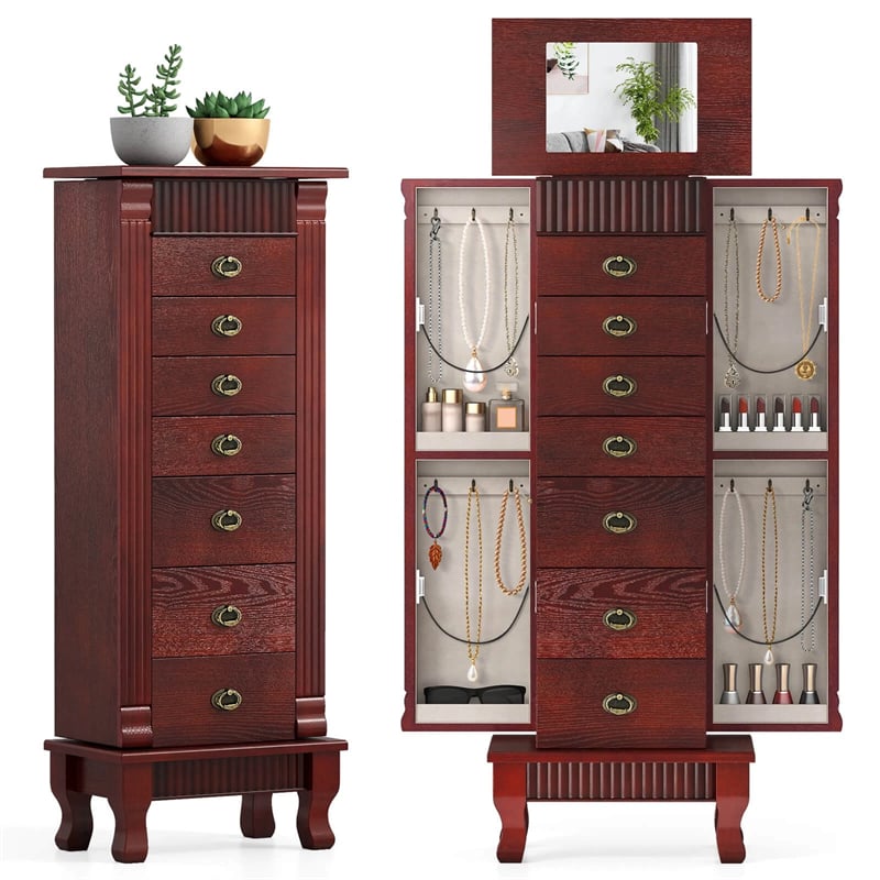 Large Standing Jewelry Armoire Cabinet Wooden Storage Chest with 7 Drawers, 2 Side Doors, 12 Hooks, Flip-Up Mirror & Top Organizer