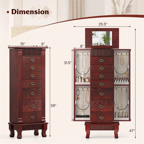 Large Standing Jewelry Armoire Cabinet Wooden Storage Chest with 7 Drawers, 2 Side Doors, 12 Hooks, Flip-Up Mirror & Top Organizer