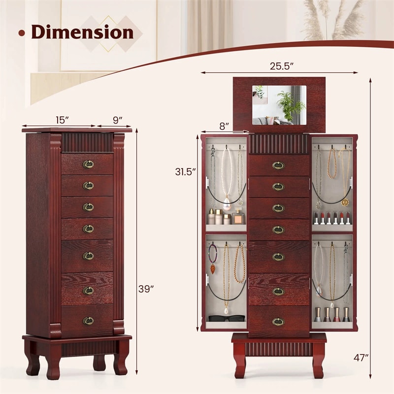 Large Standing Jewelry Armoire Cabinet Wooden Storage Chest with 7 Drawers, 2 Side Doors, 12 Hooks, Flip-Up Mirror & Top Organizer