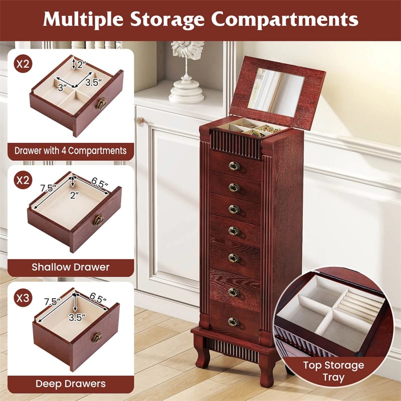 Large Standing Jewelry Armoire Cabinet Wooden Storage Chest with 7 Drawers, 2 Side Doors, 12 Hooks, Flip-Up Mirror & Top Organizer
