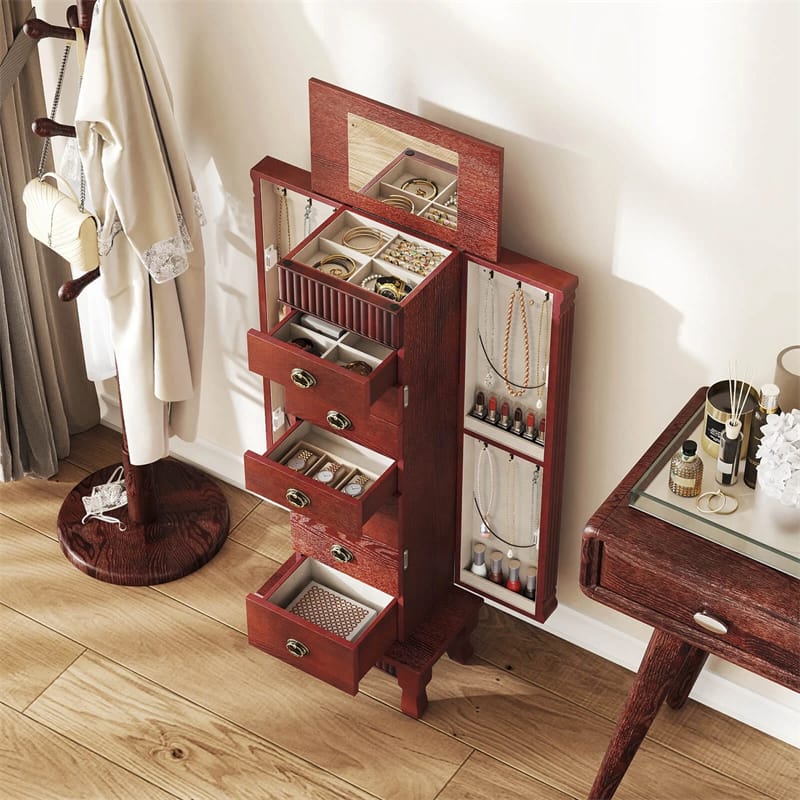 Large Standing Jewelry Armoire Cabinet Wooden Storage Chest with 7 Drawers, 2 Side Doors, 12 Hooks, Flip-Up Mirror & Top Organizer