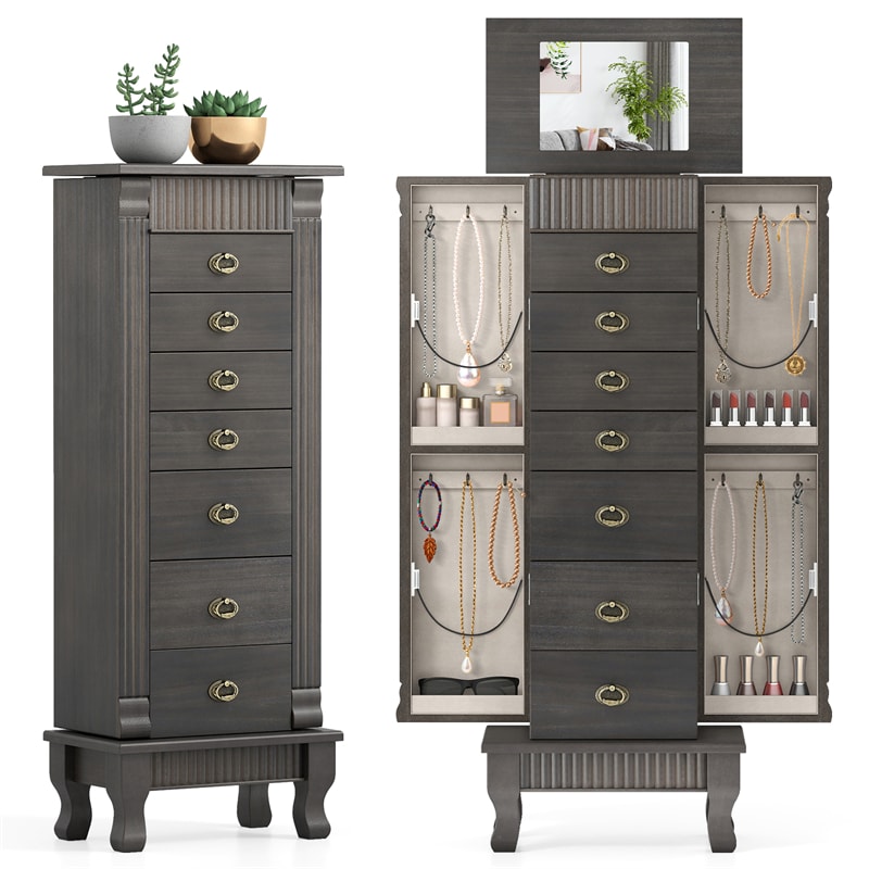 Large Standing Jewelry Armoire Cabinet Wooden Storage Chest with 7 Drawers, 2 Side Doors, 12 Hooks, Flip-Up Mirror & Top Organizer