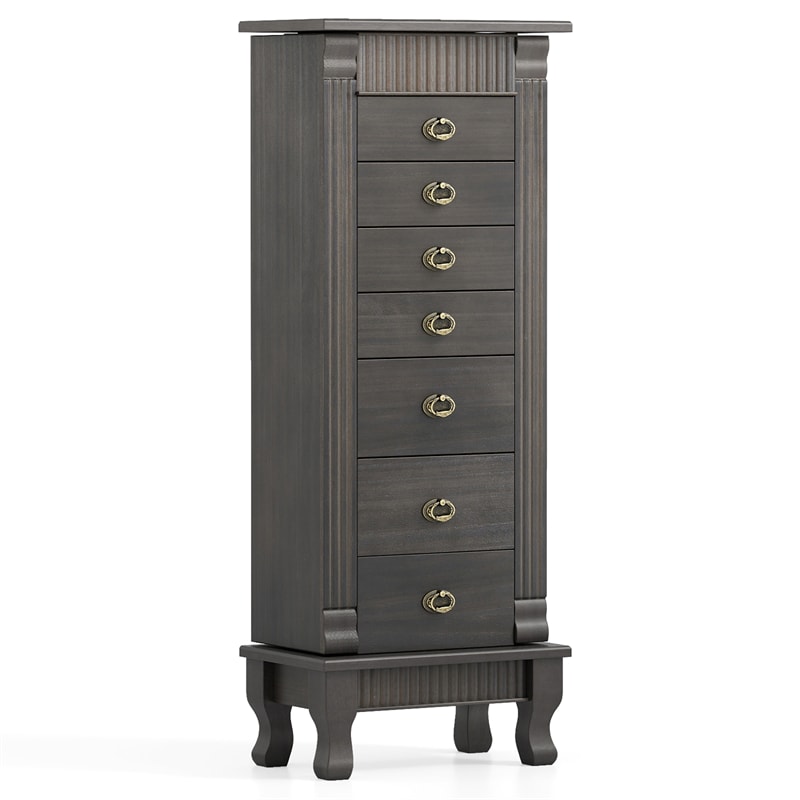 Large Standing Jewelry Armoire Cabinet Wooden Storage Chest with 7 Drawers, 2 Side Doors, 12 Hooks, Flip-Up Mirror & Top Organizer