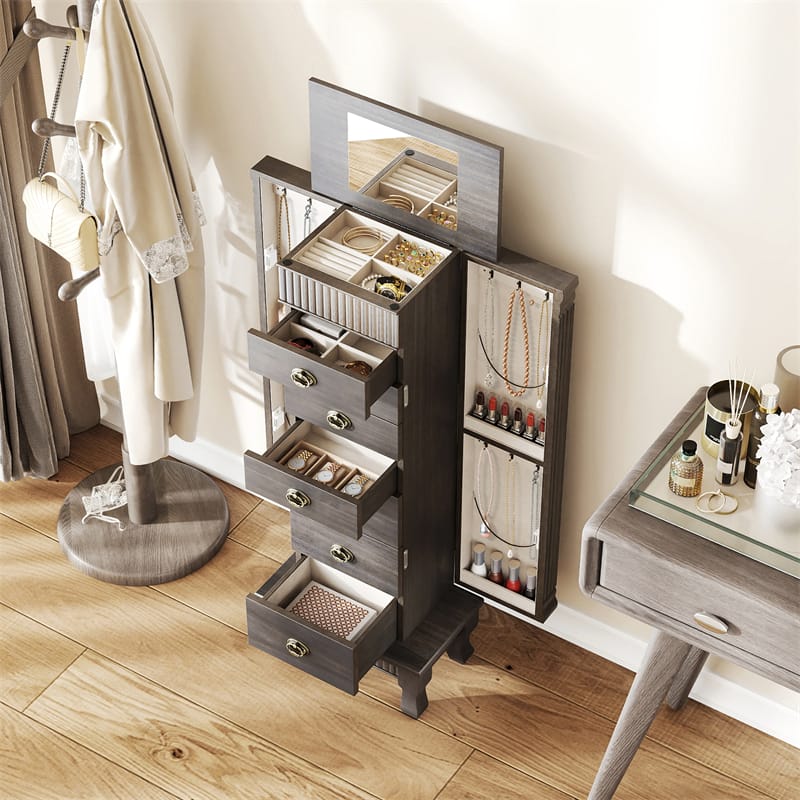 Large Standing Jewelry Armoire Cabinet Wooden Storage Chest with 7 Drawers, 2 Side Doors, 12 Hooks, Flip-Up Mirror & Top Organizer