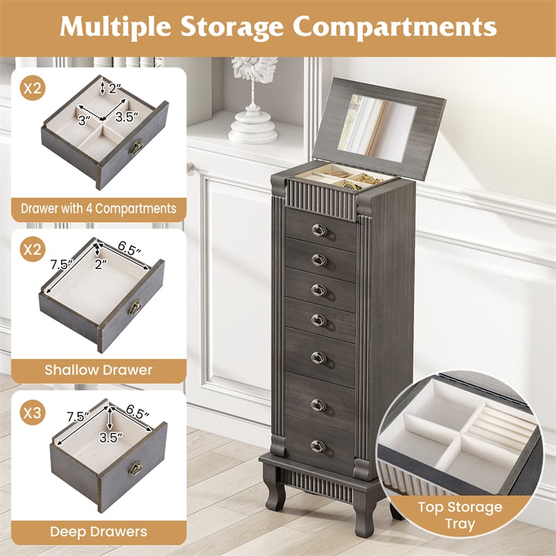 Large Standing Jewelry Armoire Cabinet Wooden Storage Chest with 7 Drawers, 2 Side Doors, 12 Hooks, Flip-Up Mirror & Top Organizer