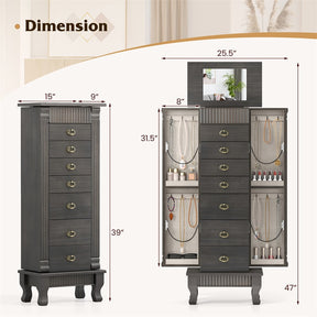 Large Standing Jewelry Armoire Cabinet Wooden Storage Chest with 7 Drawers, 2 Side Doors, 12 Hooks, Flip-Up Mirror & Top Organizer