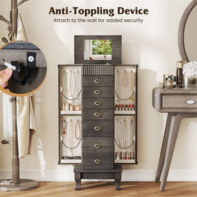 Large Standing Jewelry Armoire Cabinet Wooden Storage Chest with 7 Drawers, 2 Side Doors, 12 Hooks, Flip-Up Mirror & Top Organizer