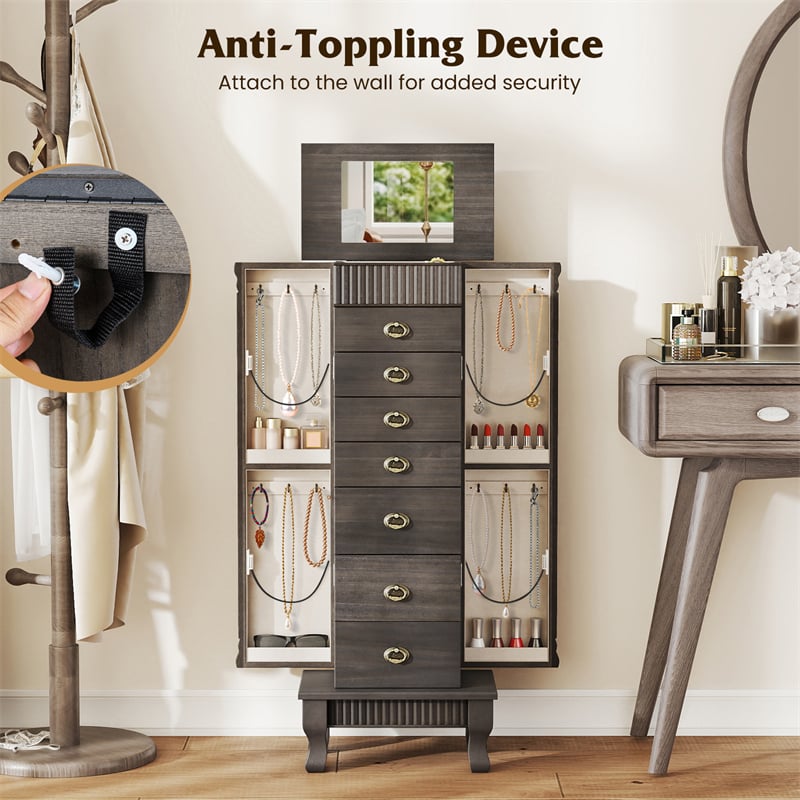 Large Standing Jewelry Armoire Cabinet Wooden Storage Chest with 7 Drawers, 2 Side Doors, 12 Hooks, Flip-Up Mirror & Top Organizer