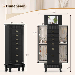 Large Standing Jewelry Armoire Cabinet Wooden Storage Chest with 7 Drawers, 2 Side Doors, 12 Hooks, Flip-Up Mirror & Top Organizer