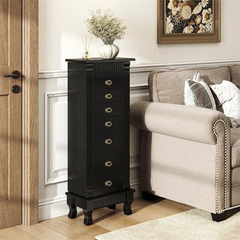 Large Standing Jewelry Armoire Cabinet Wooden Storage Chest with 7 Drawers, 2 Side Doors, 12 Hooks, Flip-Up Mirror & Top Organizer