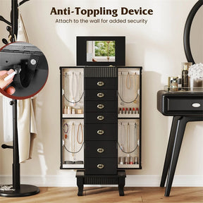 Large Standing Jewelry Armoire Cabinet Wooden Storage Chest with 7 Drawers, 2 Side Doors, 12 Hooks, Flip-Up Mirror & Top Organizer