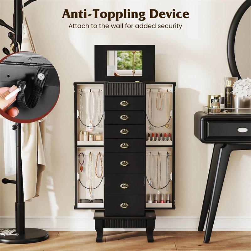 Large Standing Jewelry Armoire Cabinet Wooden Storage Chest with 7 Drawers, 2 Side Doors, 12 Hooks, Flip-Up Mirror & Top Organizer