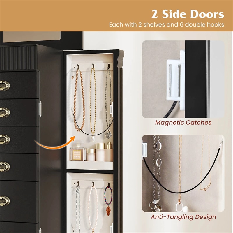 Large Standing Jewelry Armoire Cabinet Wooden Storage Chest with 7 Drawers, 2 Side Doors, 12 Hooks, Flip-Up Mirror & Top Organizer