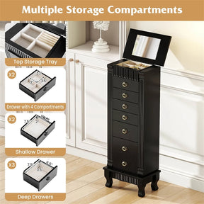 Large Standing Jewelry Armoire Cabinet Wooden Storage Chest with 7 Drawers, 2 Side Doors, 12 Hooks, Flip-Up Mirror & Top Organizer