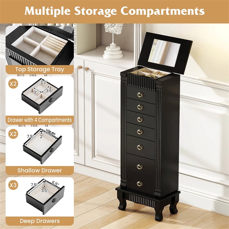 Large Standing Jewelry Armoire Cabinet Wooden Storage Chest with 7 Drawers, 2 Side Doors, 12 Hooks, Flip-Up Mirror & Top Organizer