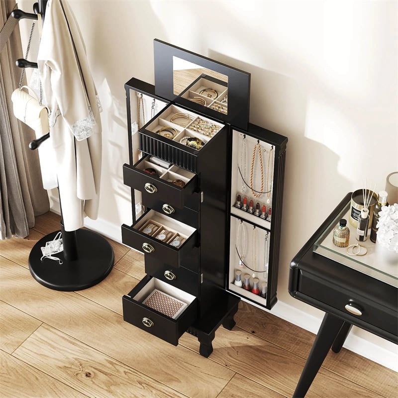 Large Standing Jewelry Armoire Cabinet Wooden Storage Chest with 7 Drawers, 2 Side Doors, 12 Hooks, Flip-Up Mirror & Top Organizer