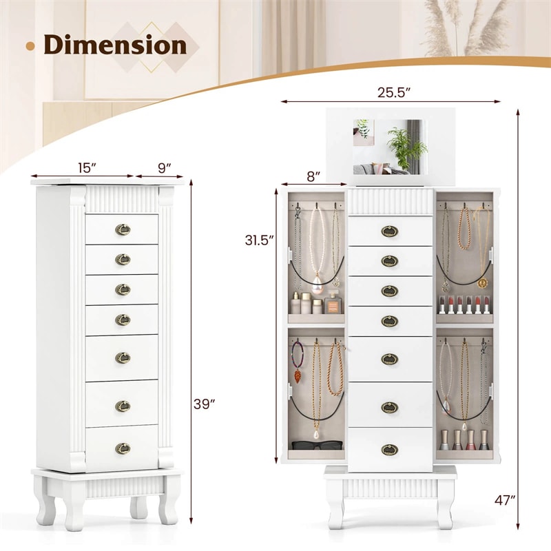 Large Standing Jewelry Armoire Cabinet Wooden Storage Chest with 7 Drawers, 2 Side Doors, 12 Hooks, Flip-Up Mirror & Top Organizer