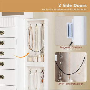 Large Standing Jewelry Armoire Cabinet Wooden Storage Chest with 7 Drawers, 2 Side Doors, 12 Hooks, Flip-Up Mirror & Top Organizer