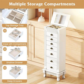 Large Standing Jewelry Armoire Cabinet Wooden Storage Chest with 7 Drawers, 2 Side Doors, 12 Hooks, Flip-Up Mirror & Top Organizer