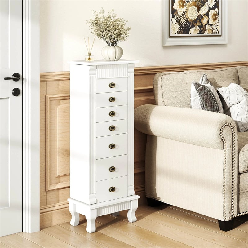 Large Standing Jewelry Armoire Cabinet Wooden Storage Chest with 7 Drawers, 2 Side Doors, 12 Hooks, Flip-Up Mirror & Top Organizer