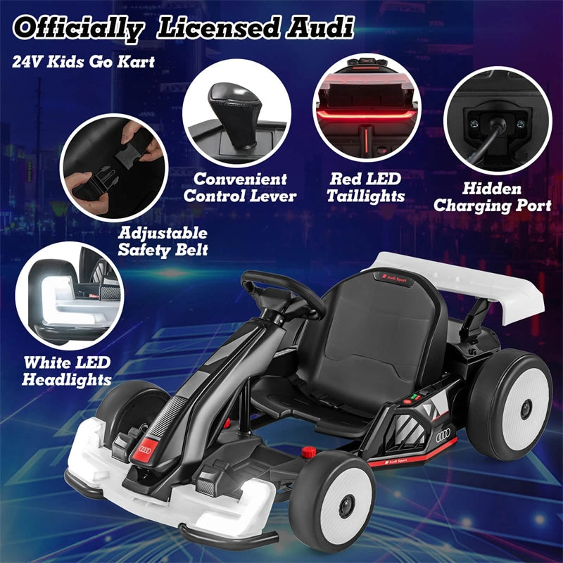 Licensed Audi 24V Kids Go Kart, Length Adjustable Ride on Racing Toy with Drift & Sport Modes, 2x150W Motors, 8 MPH High Speed for Children Ages 6+