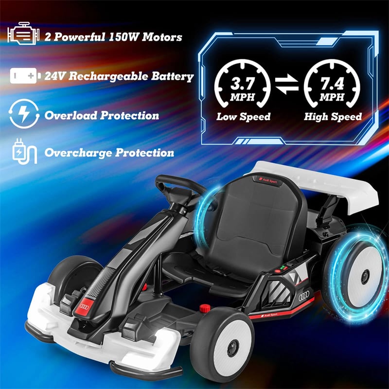 Licensed Audi 24V Kids Go Kart, Length Adjustable Ride on Racing Toy with Drift & Sport Modes, 2x150W Motors, 8 MPH High Speed for Children Ages 6+