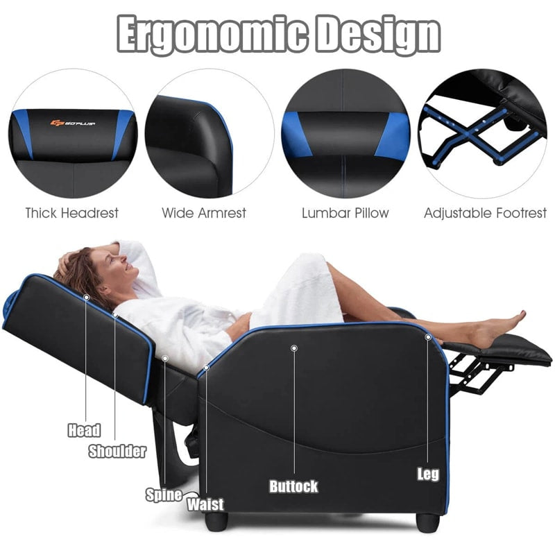 Massage Gaming Recliner Chair Racing Style PU Leather Single Sofa with Lumbar Cushion & Footrest, Adjustable Living Room Home Theater Seating