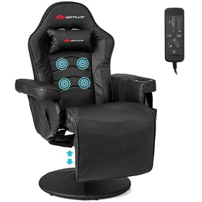 Massage Gaming Recliner Chair w/ Retractable Footrest & Cup Holder, Height Adjustable Racing Style Swivel Video Game Chair Home Theater Seating