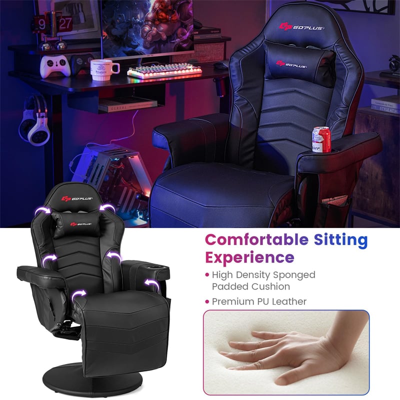 Massage Gaming Recliner Chair w/ Retractable Footrest & Cup Holder, Height Adjustable Racing Style Swivel Video Game Chair Home Theater Seating