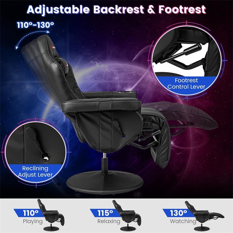 Massage Gaming Recliner Chair w/ Retractable Footrest & Cup Holder, Height Adjustable Racing Style Swivel Video Game Chair Home Theater Seating