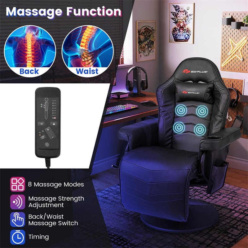 Massage Gaming Recliner Chair w/ Retractable Footrest & Cup Holder, Height Adjustable Racing Style Swivel Video Game Chair Home Theater Seating