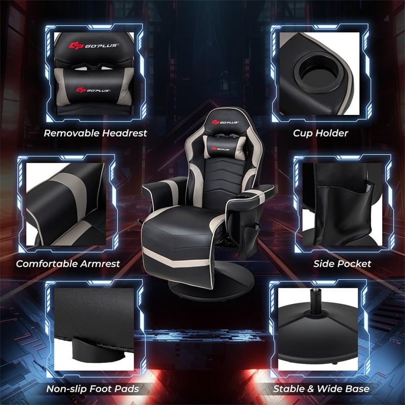 Massage Gaming Recliner Chair w/ Retractable Footrest & Cup Holder, Height Adjustable Racing Style Swivel Video Game Chair Home Theater Seating