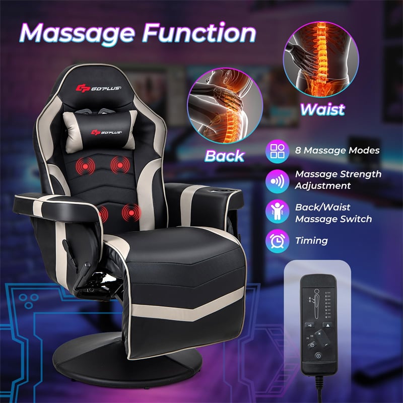 Massage Gaming Recliner Chair w/ Retractable Footrest & Cup Holder, Height Adjustable Racing Style Swivel Video Game Chair Home Theater Seating