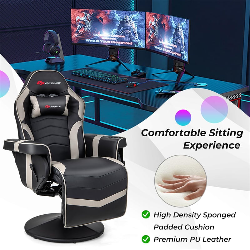 Massage Gaming Recliner Chair w/ Retractable Footrest & Cup Holder, Height Adjustable Racing Style Swivel Video Game Chair Home Theater Seating