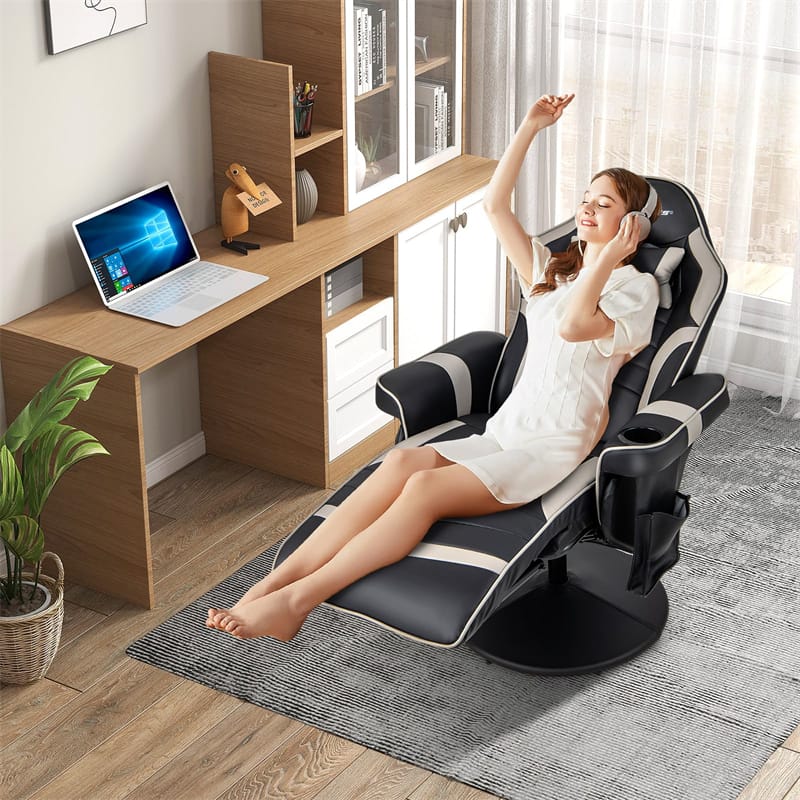 Massage Gaming Recliner Chair w/ Retractable Footrest & Cup Holder, Height Adjustable Racing Style Swivel Video Game Chair Home Theater Seating