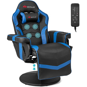 Massage Gaming Recliner Chair w/ Retractable Footrest & Cup Holder, Height Adjustable Racing Style Swivel Video Game Chair Home Theater Seating