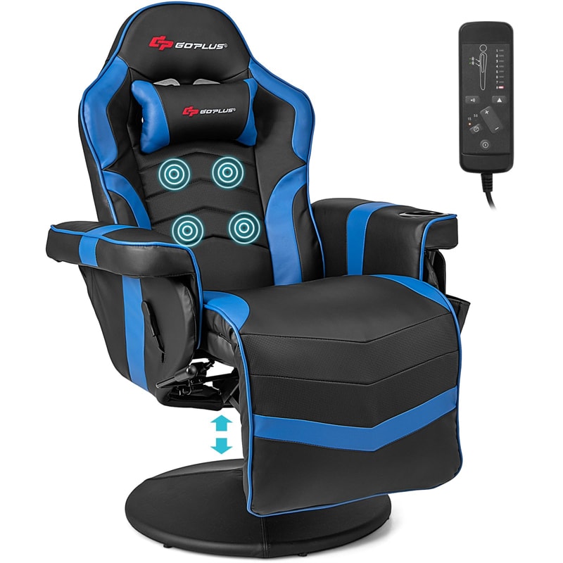 Massage Gaming Recliner Chair w/ Retractable Footrest & Cup Holder, Height Adjustable Racing Style Swivel Video Game Chair Home Theater Seating